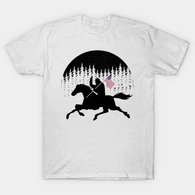 Bigfoot Riding Horse Riding Silhouette Usa Flag T-Shirt by Tesszero